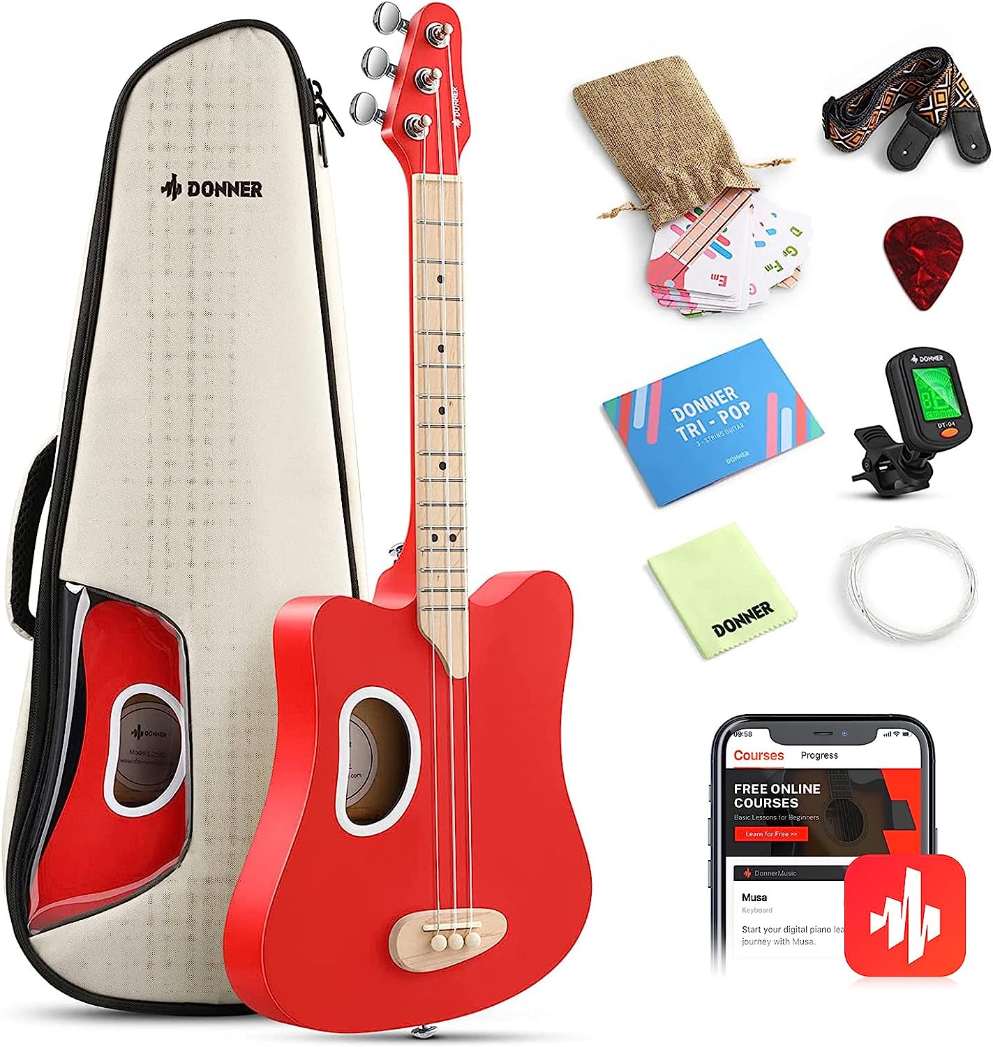 Donner Tri-pop 3-String Mini Guitar for Kids Ages 3+