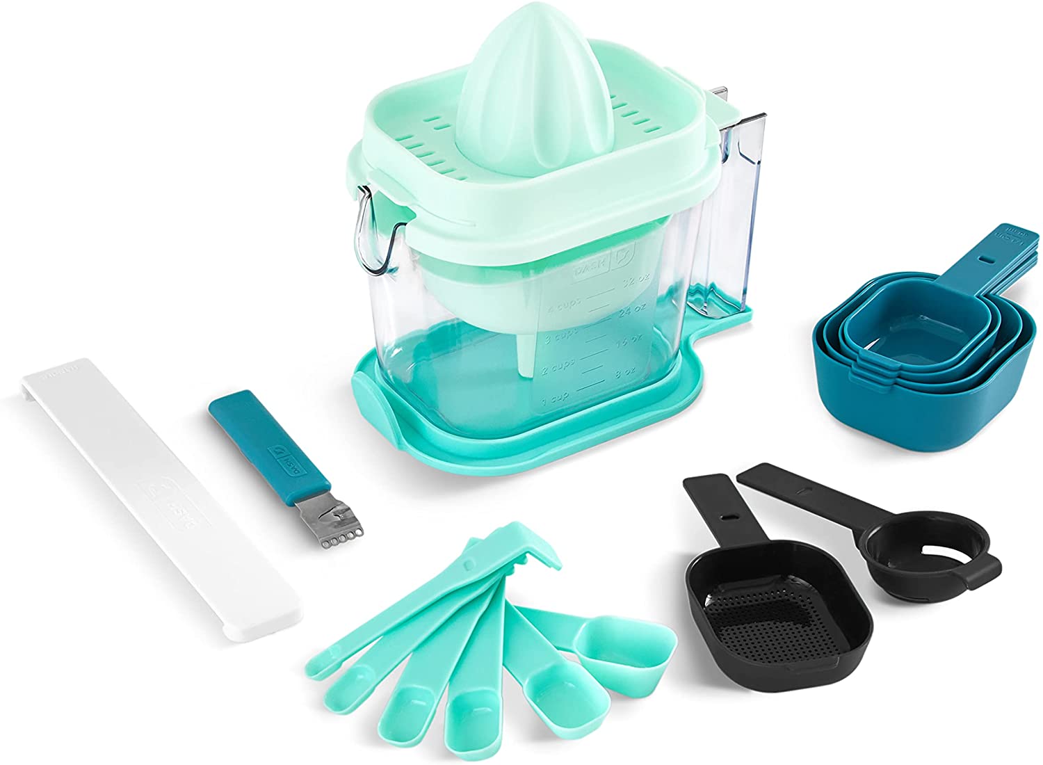 Dash SmartStore™ Measuring Set with Citrus Juicer, 6 Measuring Spoons, 4 Measuring Cups, Liquid Measuring Cup, Citrus Zester, Funnel, Leveler, Egg Separator, Sifter, and Storage Lid, 20 Piece Set, FOB KS