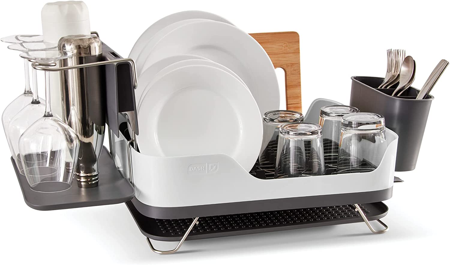 Dash SmartStore™ Full Size Dish Rack – Plates, Cups, Utensil Holder, Knife Slot, Drainage Spout + Drying Mat – White, FOB KS