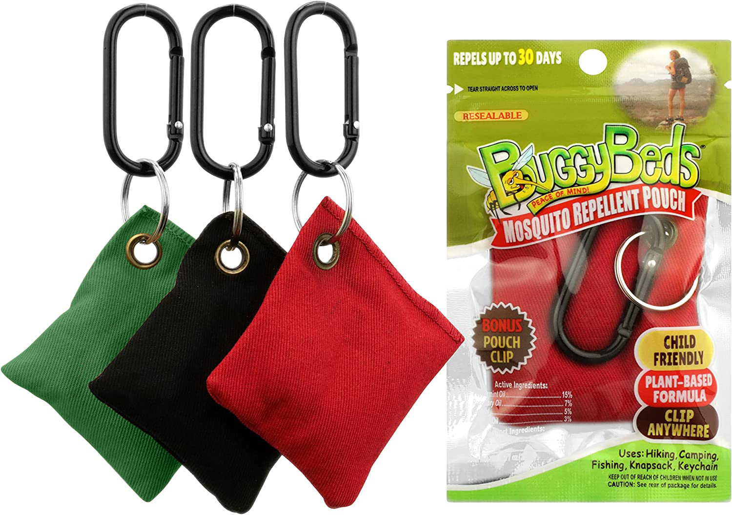 BuggyBeds Mosquito Repellent Pouches with Pouch Clip, Multi-Colors, Plant-Based Formula, Reusable & Last up to 30 Days, Child-Friendly, Solid Colors, FOB KS