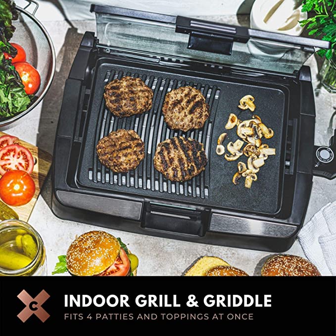 CRUX Smokeless Indoor BBQ Grill with Viewing Window, Faster Preheat, Large 10”x14” Grill Surface for Family Sized Meals, FOB KS