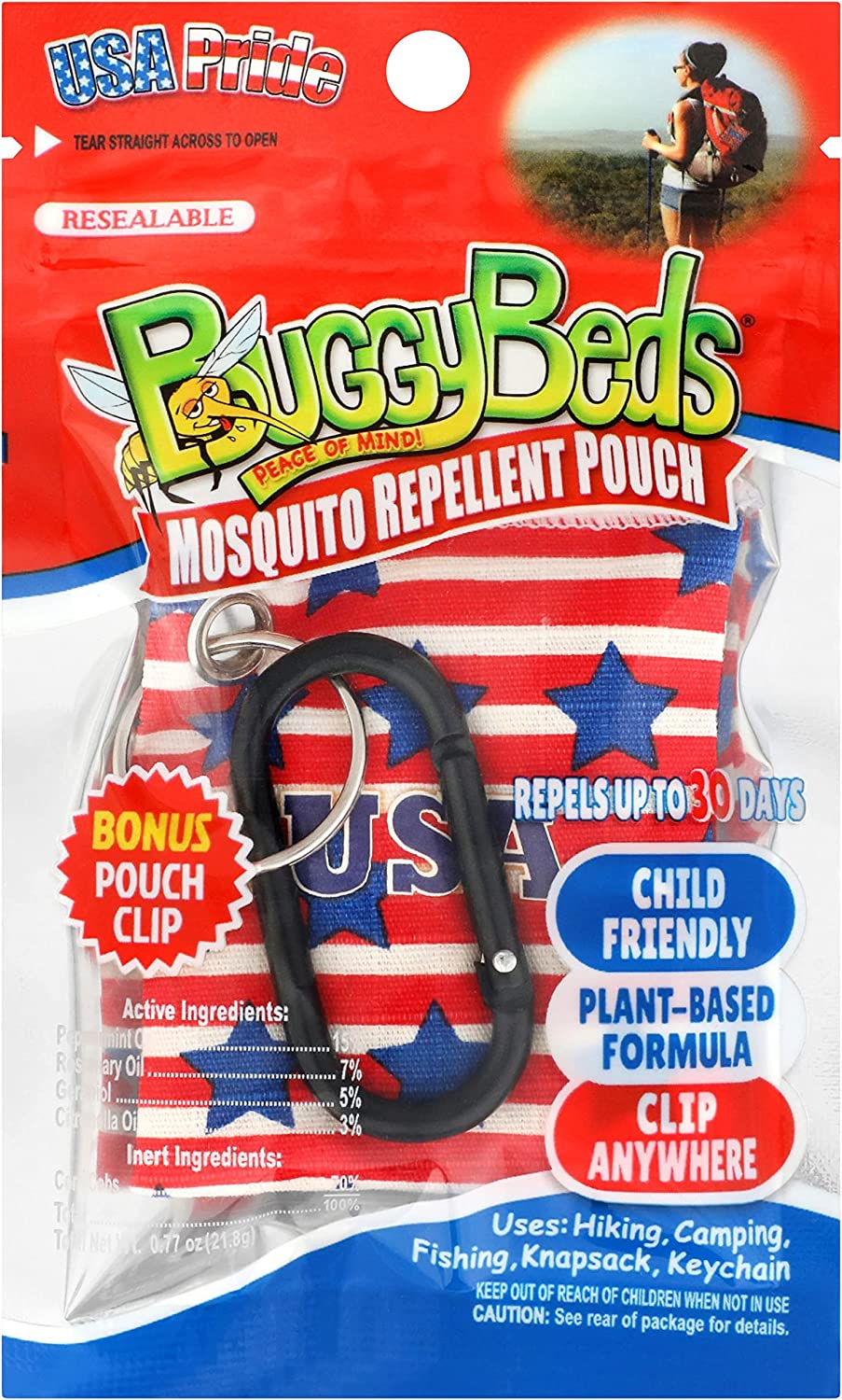 BuggyBeds Mosquito Repellent Pouches with Pouch Clip, Plant-Based Formula, Reusable & Last up to 30 Days, Child-Friendly, USA Pride Colors, FOB KS