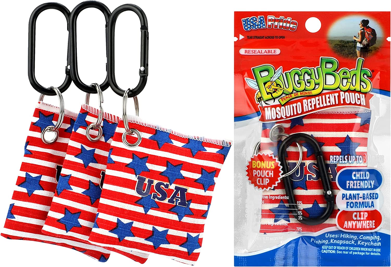 BuggyBeds Mosquito Repellent Pouches with Pouch Clip, Plant-Based Formula, Reusable & Last up to 30 Days, Child-Friendly, USA Pride Colors, FOB KS
