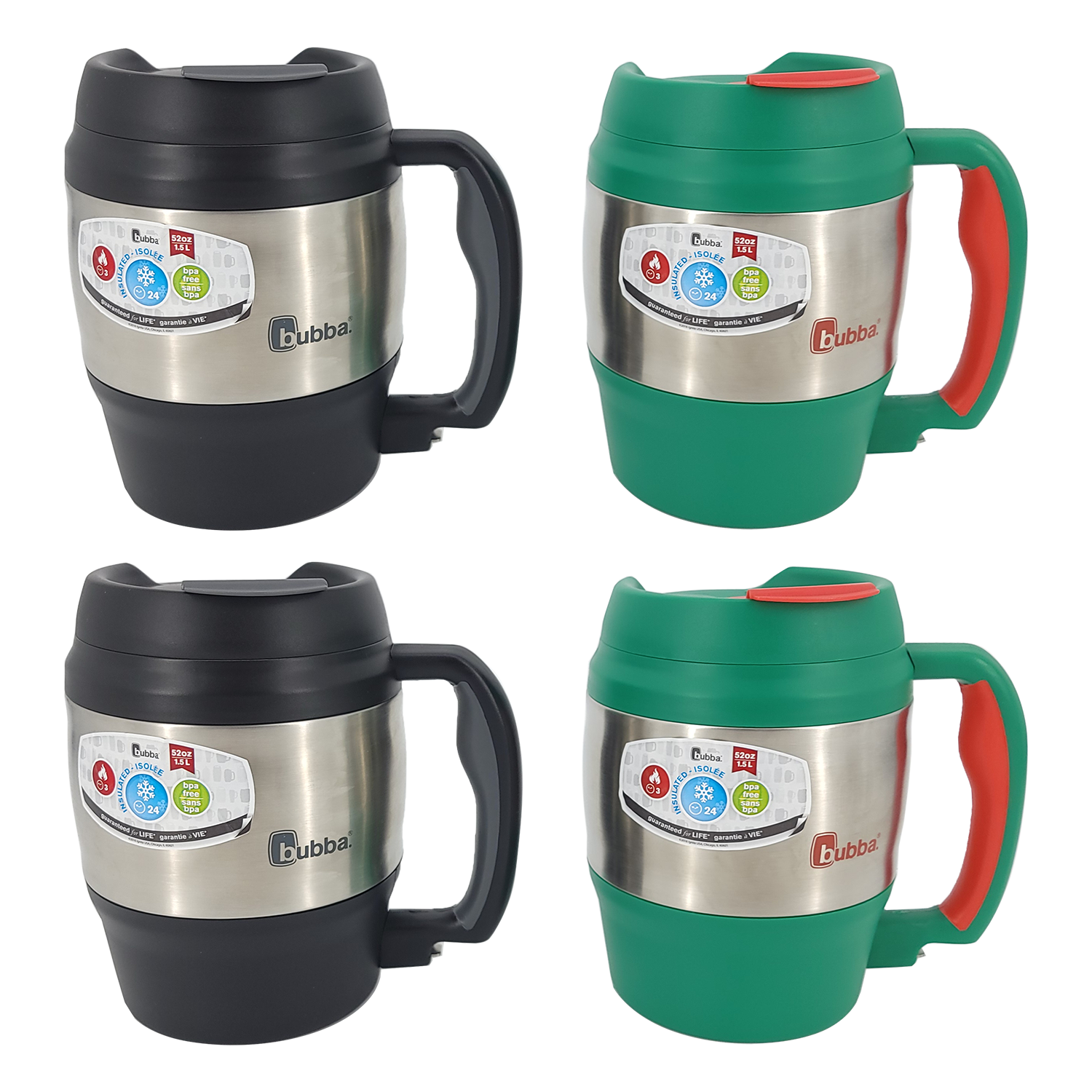 Bubba Classic Insulated Desk Mug, 52 oz, Black & Green With Red, FOB KS
