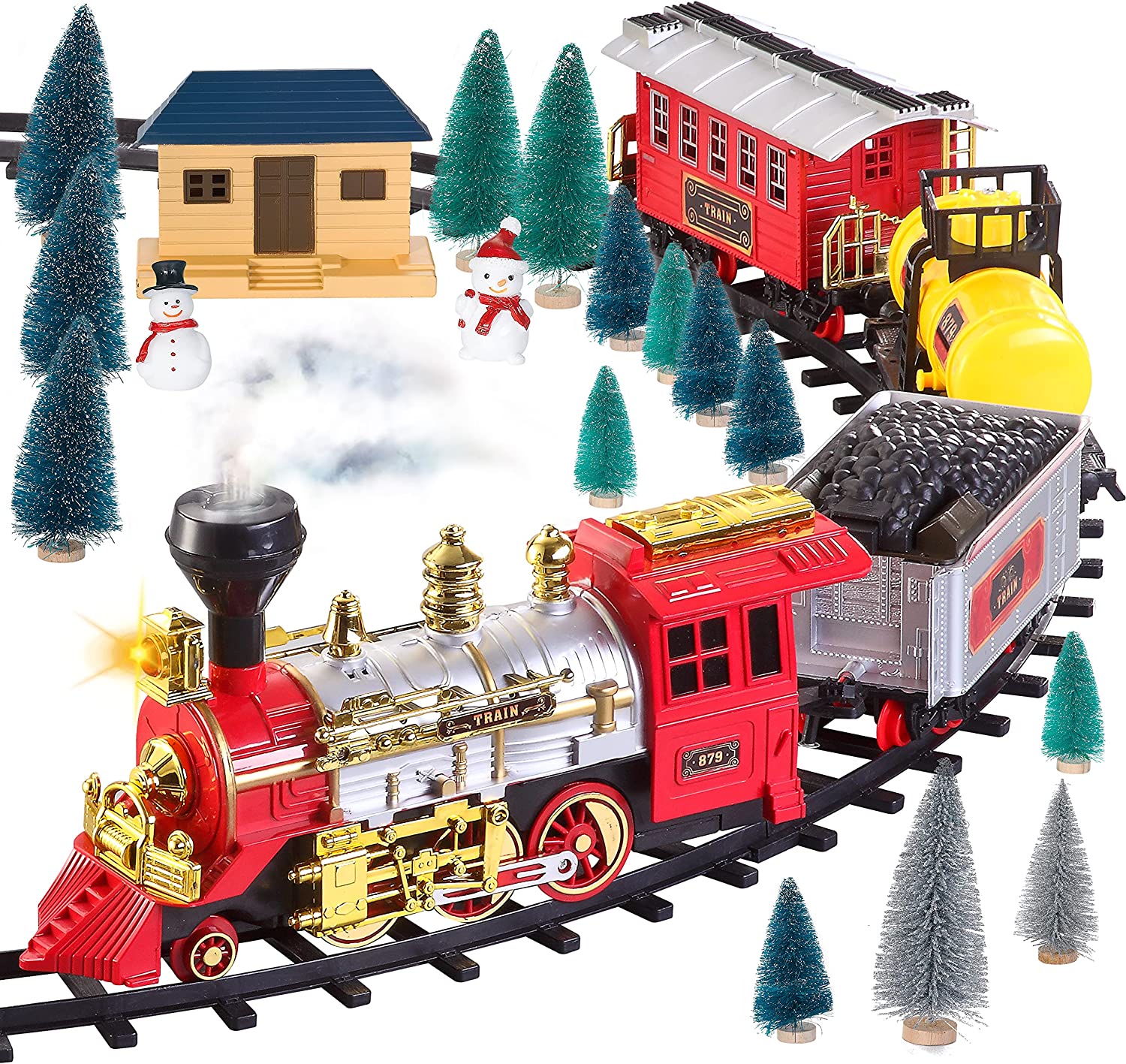 Christmas Train Sets Gift with Lights & Sounds Steam Locomotive Engine, Operated Electric Classical Train Toy with Real Smoke Cargo Cars & Tracks for Over 3 Years Old Boys Girls