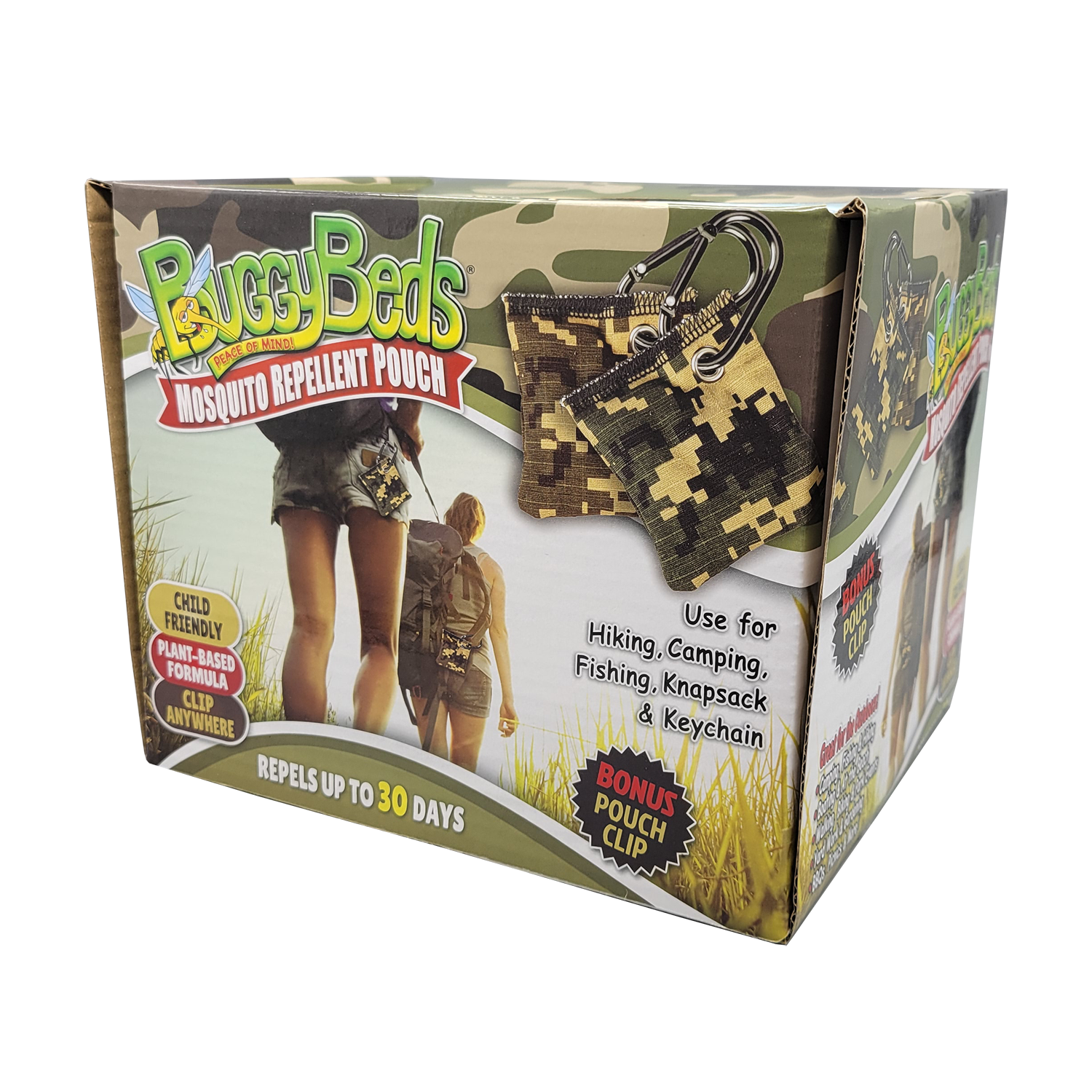 BuggyBeds Mosquito Repellent Pouches with Pouch Clip, Plant-Based Formula, Reusable & Last up to 30 Days, Child-Friendly, Camo Colors, FOB KS