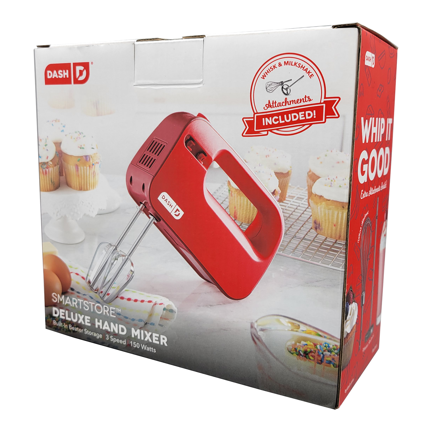 Dash SmartStore™ Deluxe Compact Electric Hand Mixer + Whisk and Milkshake Attachment, 150-Watt – Red, FOB KS