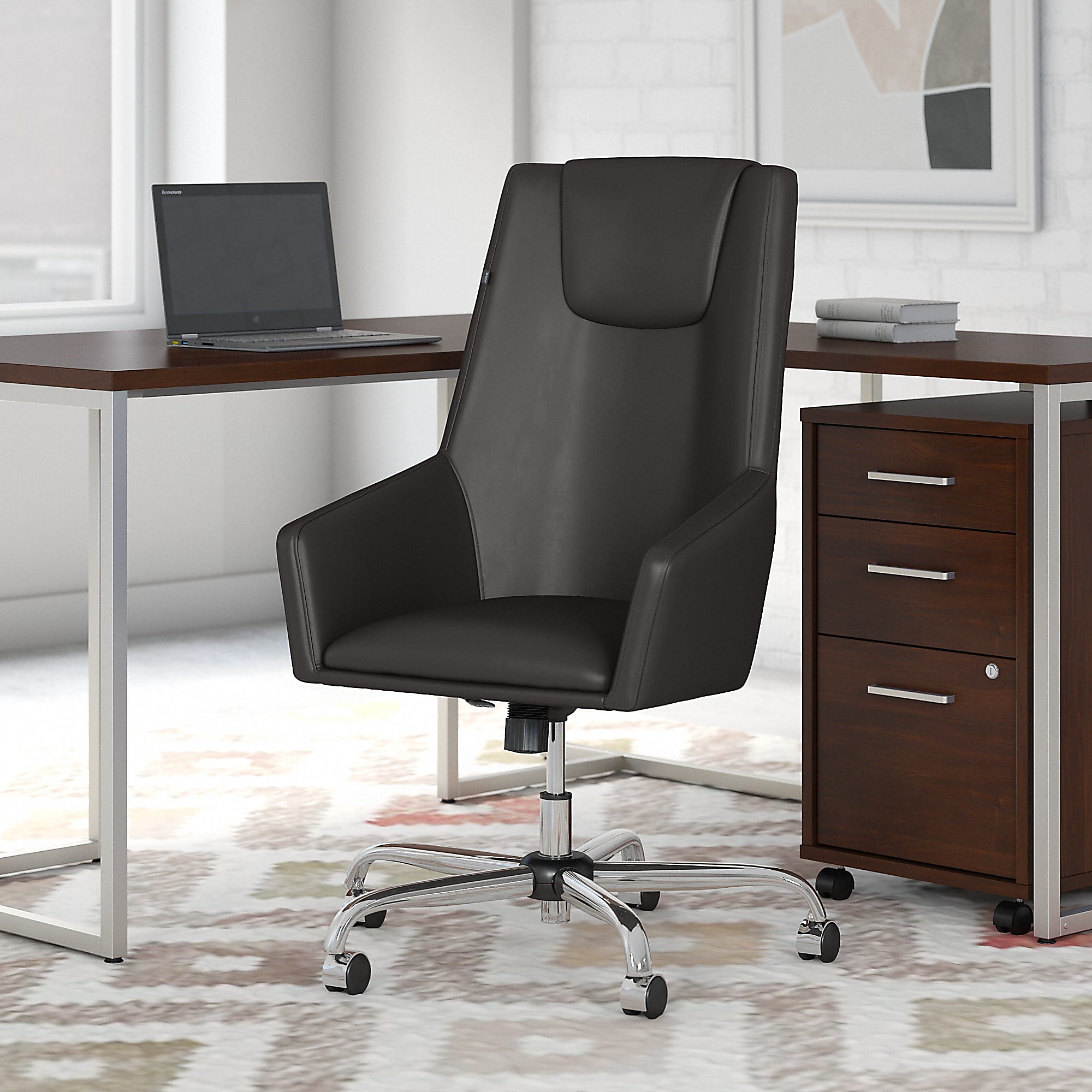 Bush Business Furniture London High-Back Faux Leather Box Chair, Brown, FOB OH