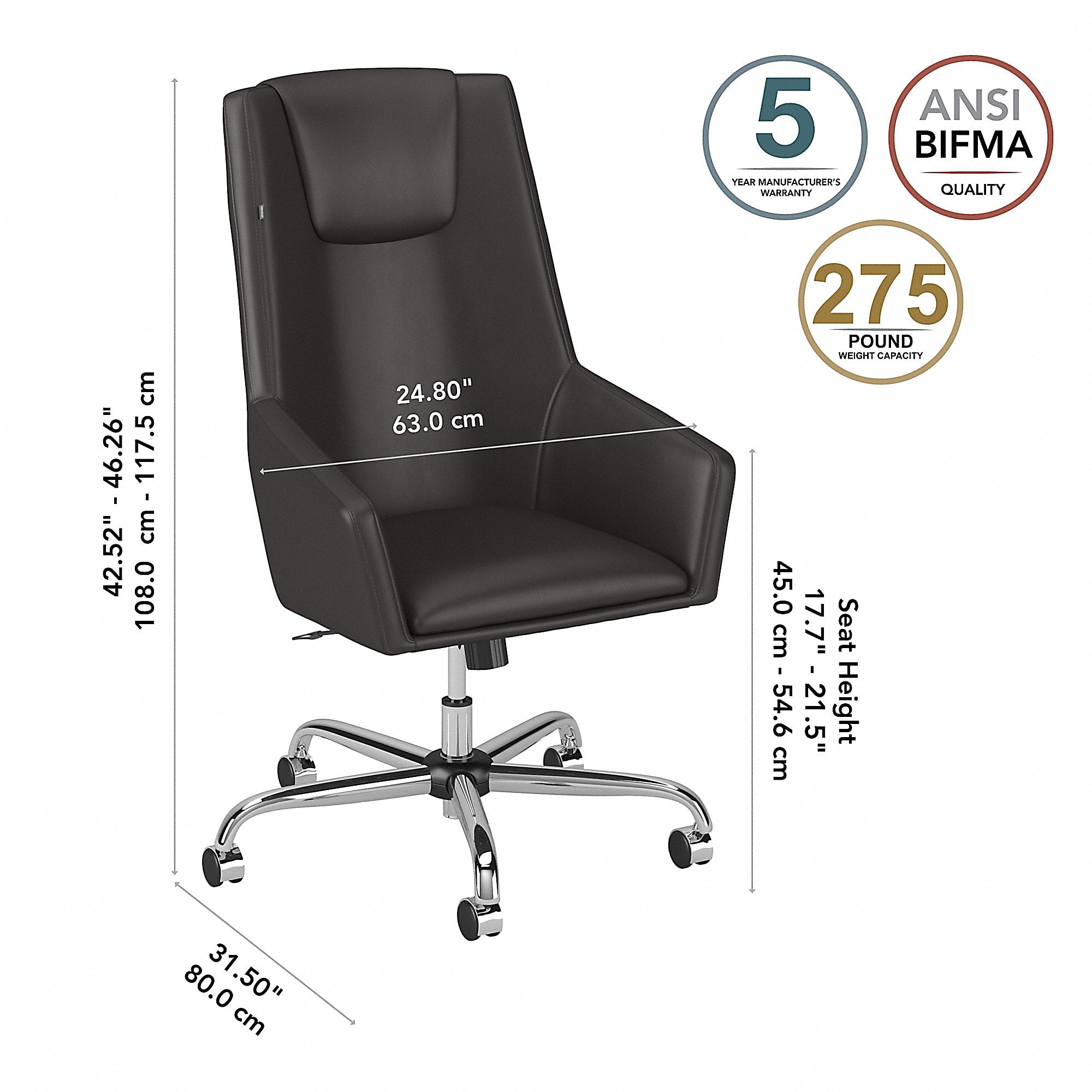 Bush Business Furniture London High-Back Faux Leather Box Chair, Brown, FOB OH