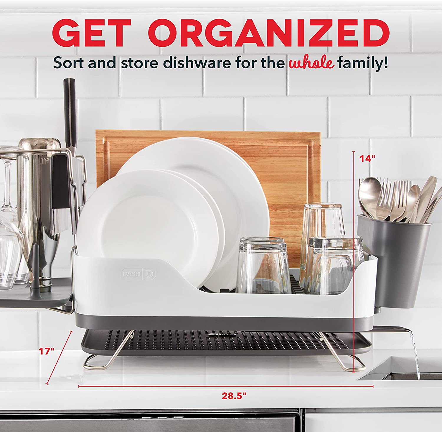 Dash SmartStore™ Full Size Dish Rack – Plates, Cups, Utensil Holder, Knife Slot, Drainage Spout + Drying Mat – White, FOB KS