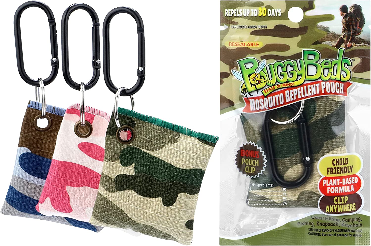 BuggyBeds Mosquito Repellent Pouches with Pouch Clip, Plant-Based Formula, Reusable & Last up to 30 Days, Child-Friendly, Camo Colors, FOB KS