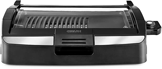 CRUX Smokeless Indoor BBQ Grill with Viewing Window, Faster Preheat, Large 10”x14” Grill Surface for Family Sized Meals, FOB KS