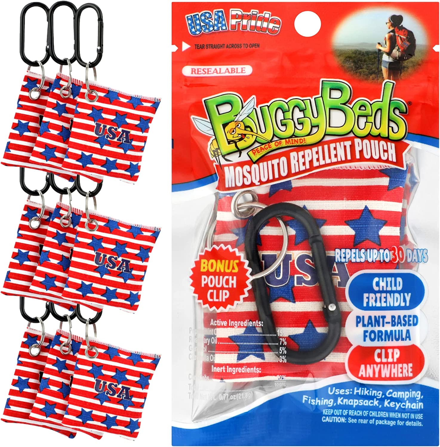 BuggyBeds Mosquito Repellent Pouches with Pouch Clip, Plant-Based Formula, Reusable & Last up to 30 Days, Child-Friendly, USA Pride Colors, FOB KS