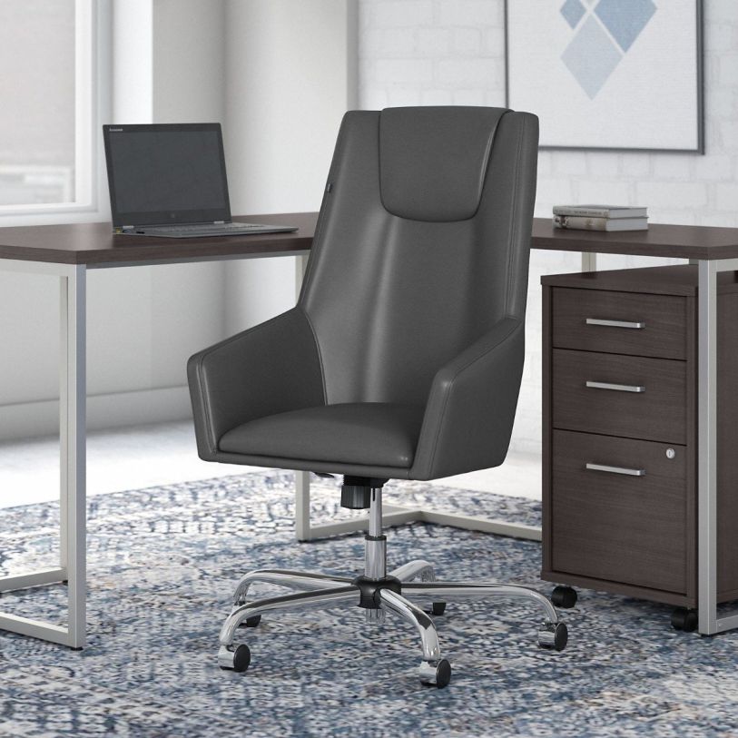 Bush Business London High Back Leather Box Chair in Dark Gray, FOB OH